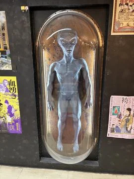 A life-sized alien figure displayed inside a glass capsule Stock Photos