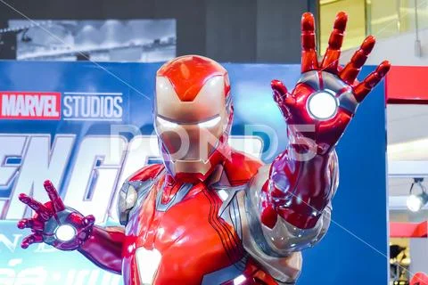 Life-sized Super hero Iron Man model show in Avengers Endgame exhibition booth Stock Photos