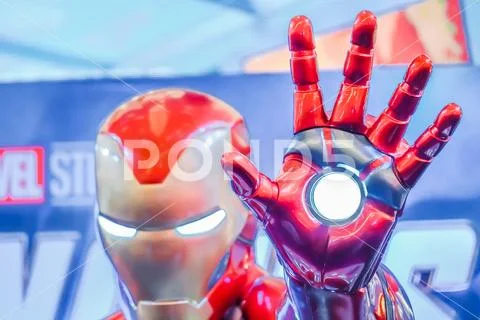 Life-sized Super hero Iron Man model show in Avengers Endgame exhibition booth Stock Photos