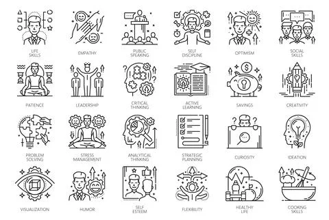 Life skill icons, vector line signs or symbols Stock Illustration