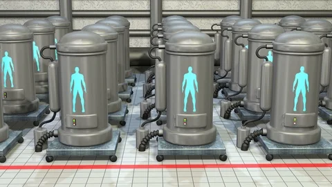 Life support chambers, cryonic tanks containing people. 3d animation Stock Footage 98370897