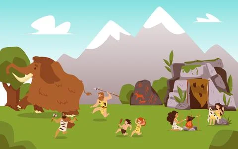 Life tribal of primitive cave people in stone age a flat vector illustration. Stock Illustration