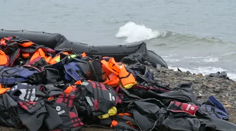 Life vests from refugees Stock Footage 56591811