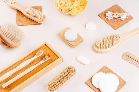 Life without Plastic concept.Items for hygiene and face and body care made of Stock Photos