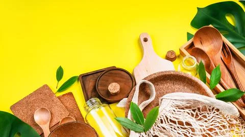 Life without Plastic.Eco friendly disposable tableware.Biodegradable craft Stock Photos