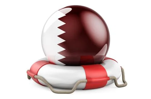 Lifebelt with Qatari flag. Safe, help and protect of Qatar concept. 3D render Stock Illustration