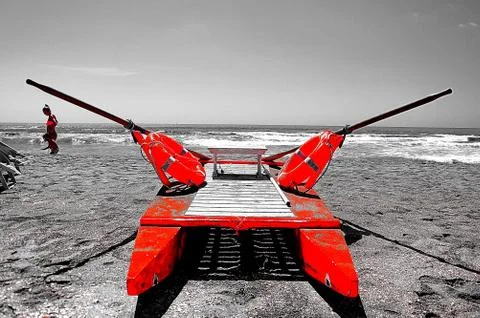 Lifeboat parked on Fregene beach. Stock Photos