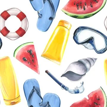 Lifebuoy, flip-flops, sunblock, shells, mask and snorkel, pieces of watermelon Stock Illustration