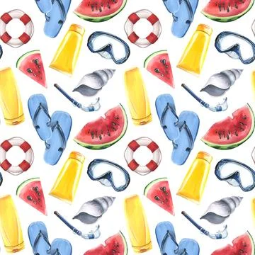Lifebuoy, flip-flops, sunblock, shells, mask and snorkel, pieces of watermelon Stock Illustration