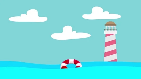 Lifebuoy Floating in the Sea Waves with a Lighthouse at Distance Stock Footage 73363829