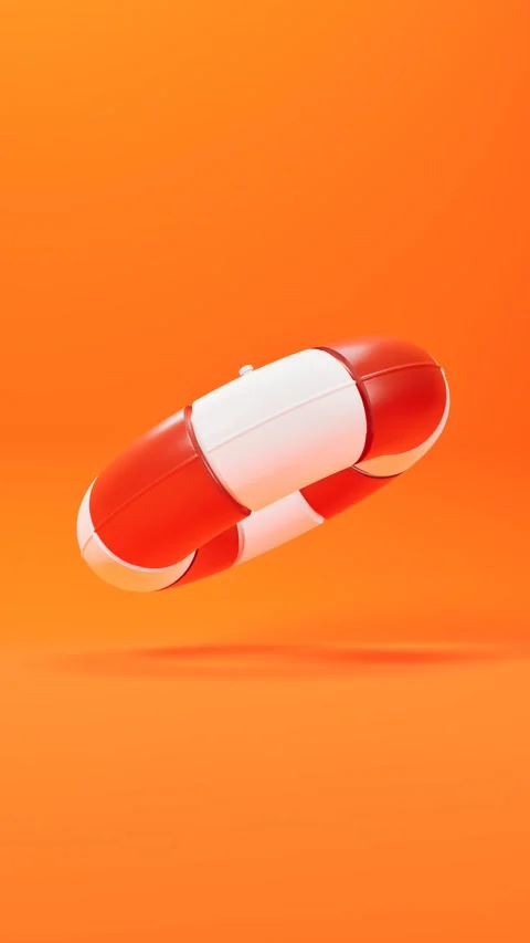 Lifebuoy floating on vibrant orange background. 3d rendering Stock Footage 339435474