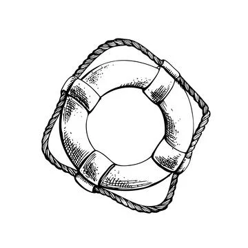 Lifebuoy with rope. Isolated object drawn by hand in graphic technique. Vector Stock Illustration