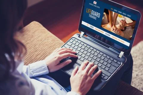 Lifeguard and emergency services e learning website in a laptop computer. Stock Photos