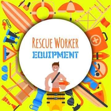 Lifeguard equipment set of banners vector illustration. Rescue worker station Stock-Illustration