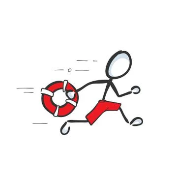 Lifeguard running to rescue. Vector simple beach patrol save life. Red lifebelt Stock Illustration