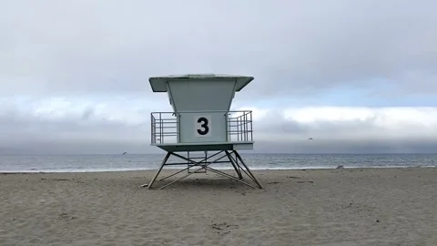 Lifeguard Stand at Stinson Beach on a Cloudy Day Stock Footage 282387386