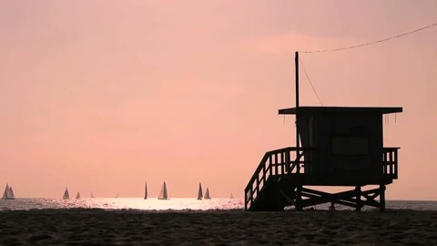 Lifeguard Station on Beach at Sunset Stock Footage 71362146