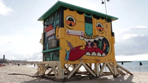 Lifeguard tower on the beach Stock Footage 128714983