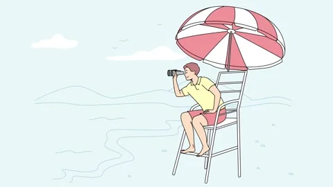 Lifeguard on tower on beach look in binoculars Stock Footage 220780418