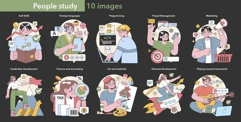 Lifelong learning and skill development set. Flat vector illustration. 스톡 일러스트