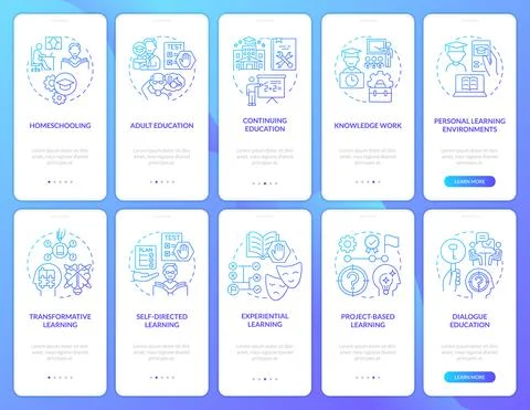 Lifelong learning blue gradient onboarding mobile app screen set Stock Illustration