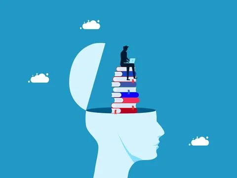 Lifelong learning. Businessman with laptop on stack of books growing from hea 스톡 일러스트