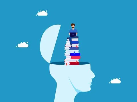 Lifelong learning. Businessman on stack of books growing from head Illustrazione stock