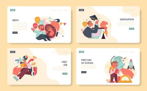 Life's Key Chapters web or landing set. Celebrating moments from birth, Stock Illustration