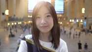 Lifestyle Portrait Of Young Cute Asian Women Looking At Camera. City People View Stock Footage