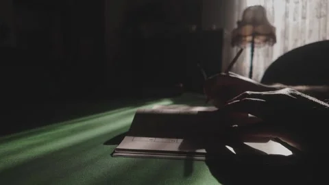 Lifestyle Problem solver in soft lit study, concentrates on puzzle book Stock Footage 313114777