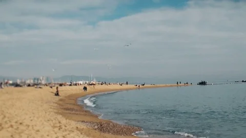 Lifestyle stand up paddling on the beach with seagulls in Barcelona Stock Footage