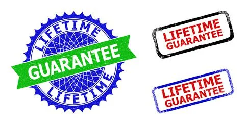 LIFETIME GUARANTEE Rosette and Rectangle Bicolor Watermarks with Unclean Stock Illustration