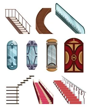 Lift mechanisms or elevators collection and stairs set. Doors of cabins to Stock Illustration