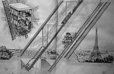 The lift Otis system in the Eiffel Tower in Paris France Historic digitally Stock Illustration