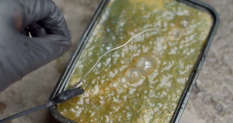 Lift scissors from the solution to inspect how well the rust has been removed Stock Footage 312949495