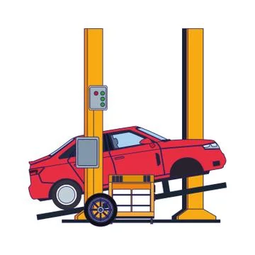 Lifted car at machine and tools trolley Illustrazione stock