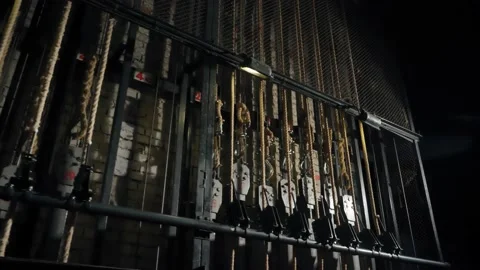 Lifting and lowering devices. Mechanics of the theater stage. Manual system Stock Footage 220133885