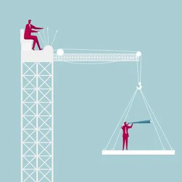Lifting astronomer through the tower crane. Businessman driving a tower crane. Stock Illustration