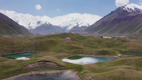 Lifting UP camera movement over blue lakes at 3600m Base Camp with vast panorami Video stock 314339001
