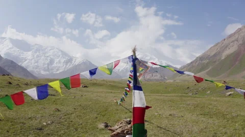 Lifting UP camera movement over holy Puja stupa with prayer flags at 3600m Base Stock-Footage 314186527