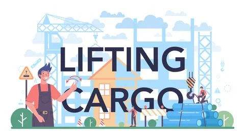 Lifting cargo typographic header. Professional workers of constructing industry Stock Illustration