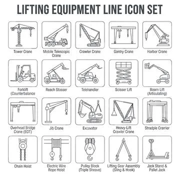 Lifting Equipment Line Icon Set Featuring Tower Crane, Forklift, Excavator,.. Stock Illustration