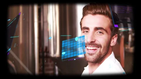 Lifting glass, brew tech tasting and sniffing amber sample while HUD UI Stock Footage 331820902