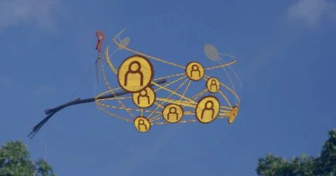 Lifting glowing orb network of yellow user icons above trees, worker in red Stock Photos