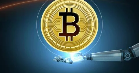Lifting gold Bitcoin coin floating over glowing robot hand in blue circuitry Stock Illustration