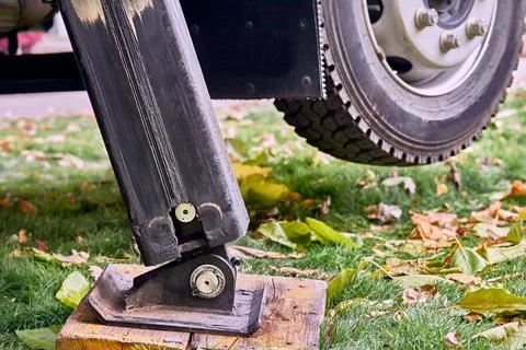 Lifting machine auto crane stands on stops detends on the ground Stock Photos