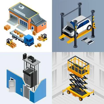 Lifting machine banner set, isometric style Stock Illustration