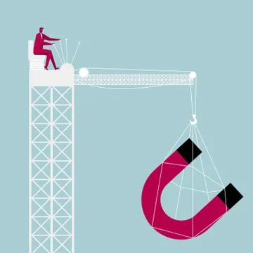 Lifting magnet through the tower crane. Businessman driving a tower crane. Stock Illustration