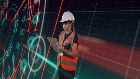 Lifting pen, engineer in hard hat and orange vest pointing at holographic HUD, Vidéo 331062781