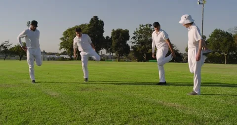 Lifting right ankle, four cricketers warming up with leg swings and forward Stock Footage 340968561